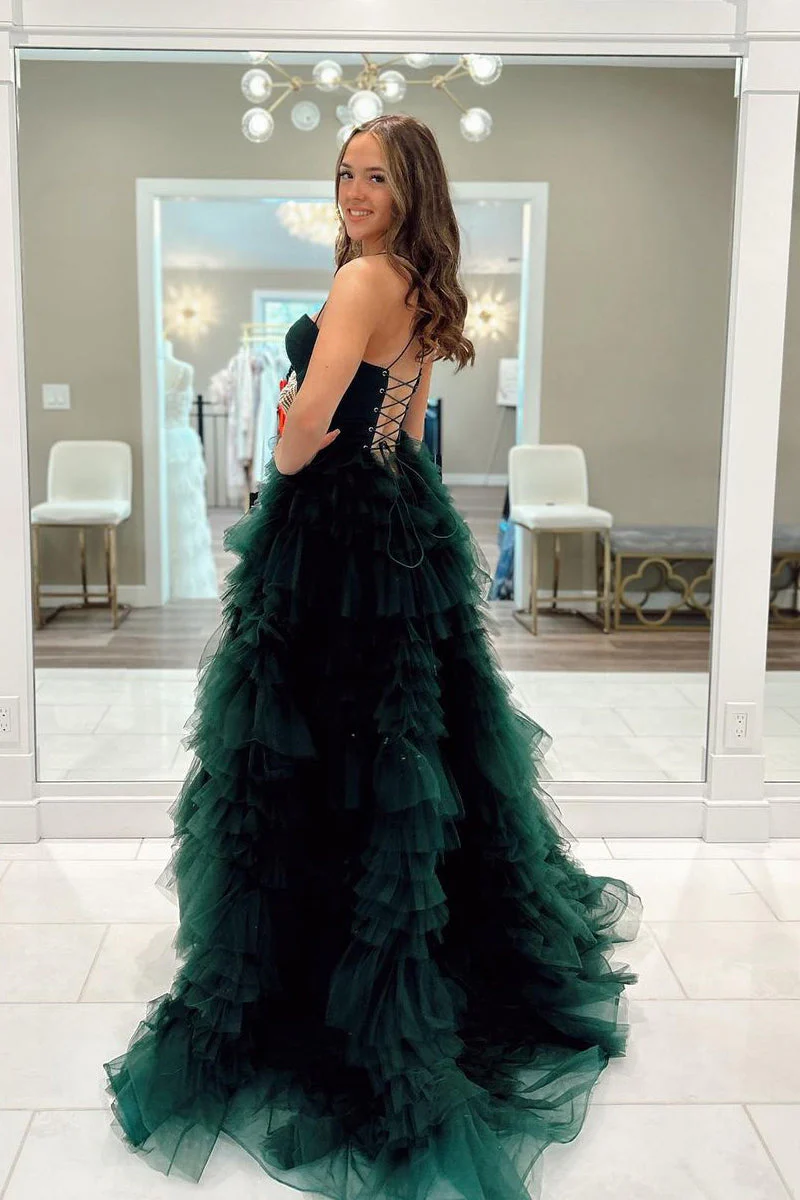 Dark Green Spaghetti Straps Tulle Tiered A-Line Long Corset Prom Dress with Slit