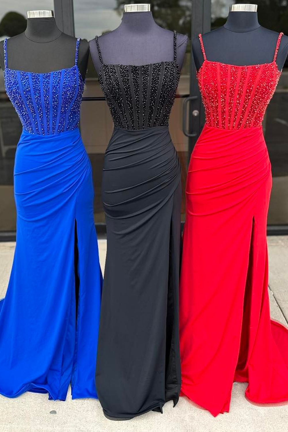 Royal Blue Spaghetti Straps Mermaid Long Corset Prom Dress with Slit