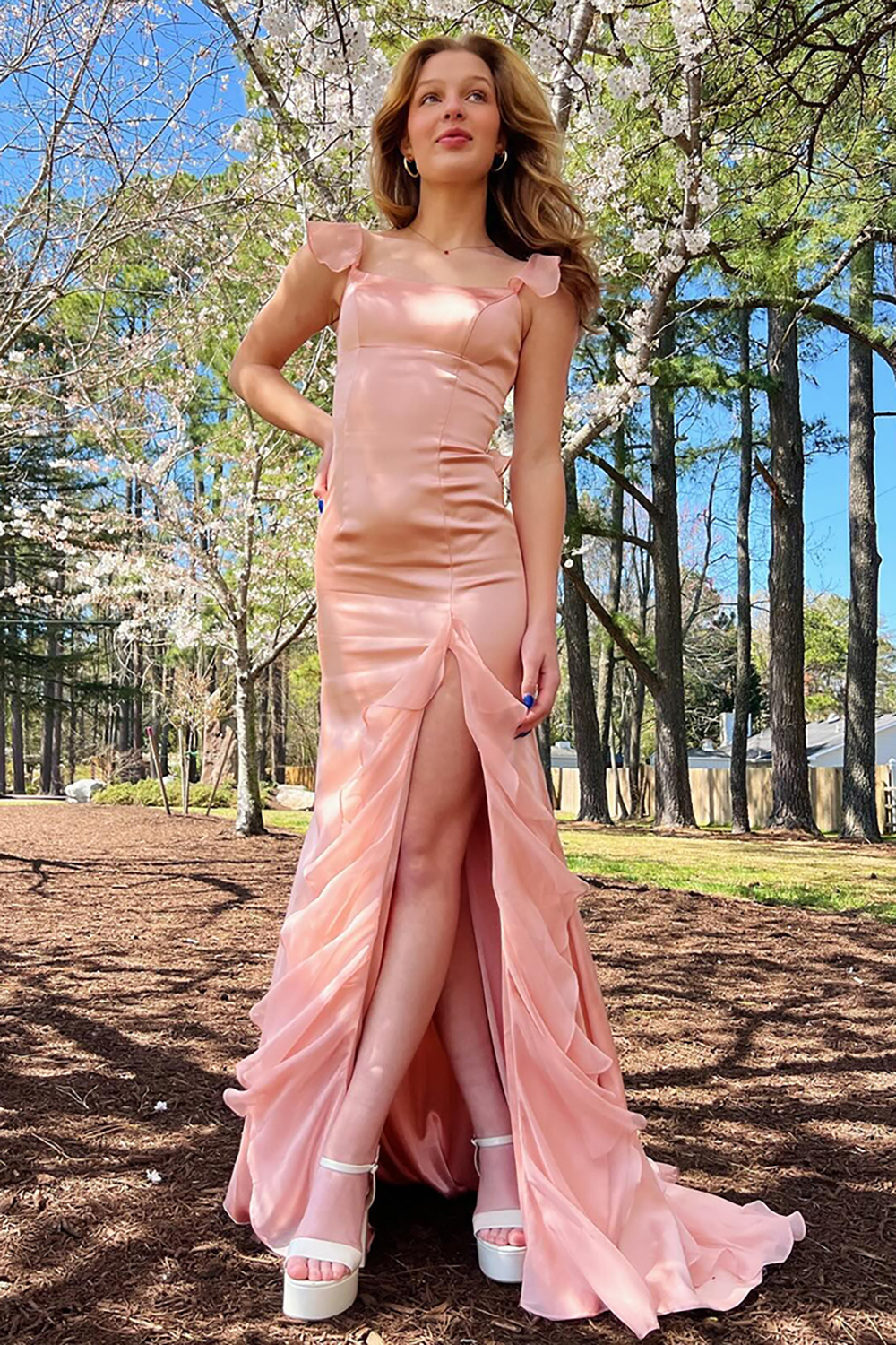 Blush Spaghetti Straps Chiffon Mermaid Long Prom Dress with Ruffles