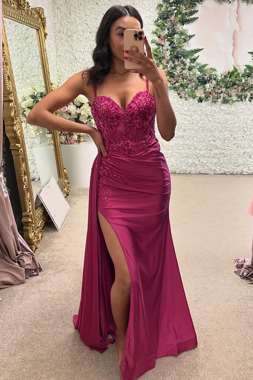 Fuchsia Spaghetti Straps Mermaid Satin Long Corset Prom Dress with Appliques
