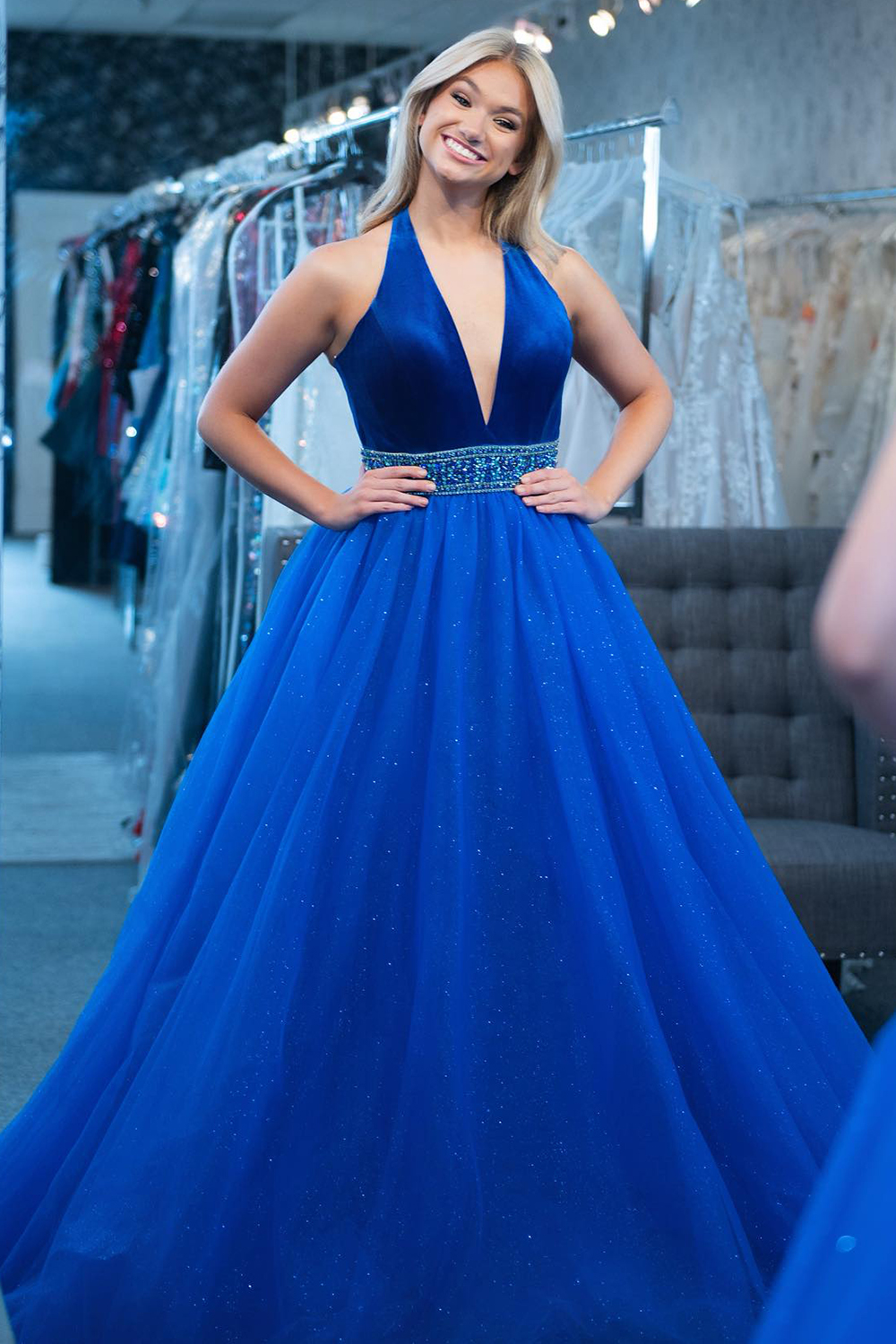 Sparkly Royal Blue Halter Neck Princess Tulle Long Prom Dress 