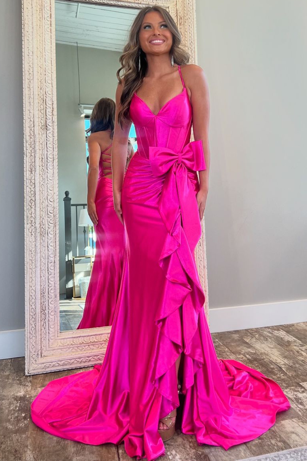 Hot Pink Spaghetti Straps Mermaid Satin Long Corset Prom Dress with Bow