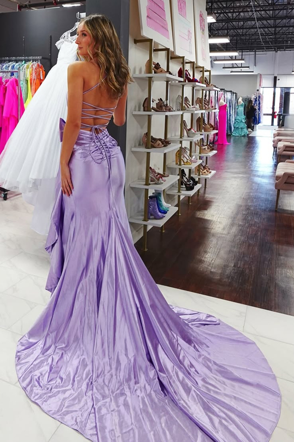 Hot Pink Spaghetti Straps Mermaid Satin Long Corset Prom Dress with Bow