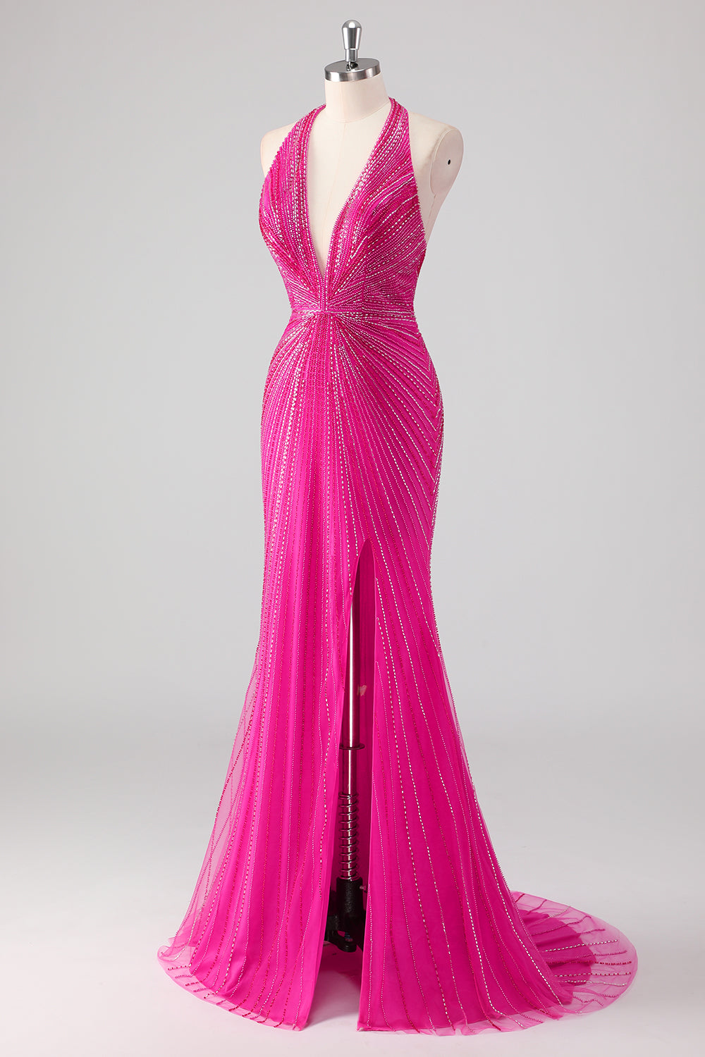 Glitter Fuchsia Halter Neck Beaded Mermaid Long Prom Dress with Slit