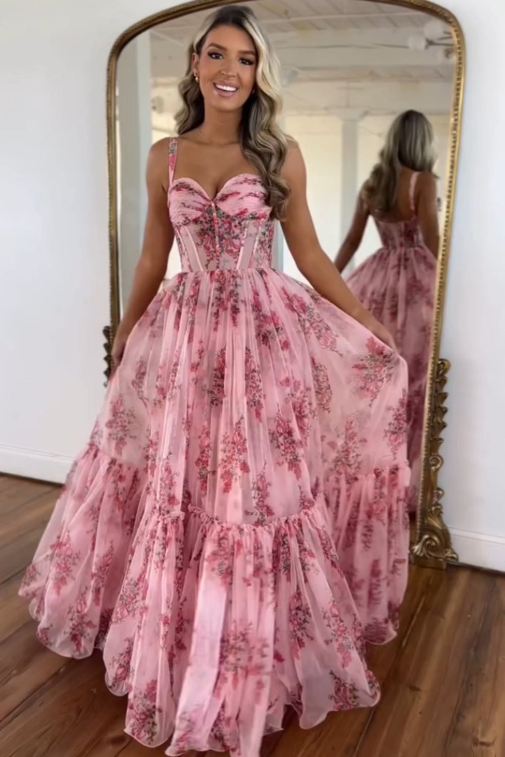 Blush Floral Printed Spaghetti Straps A-Line Long Corset Prom Dress