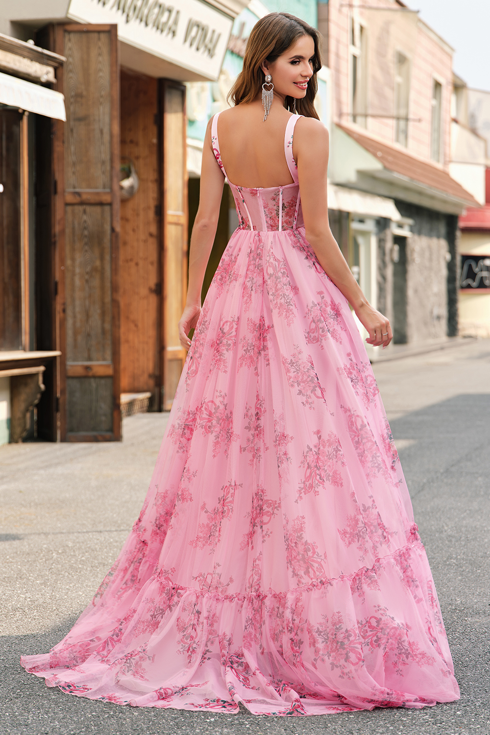 Blush Princess Floral Printed Spaghetti Straps Long Corset Prom Dress