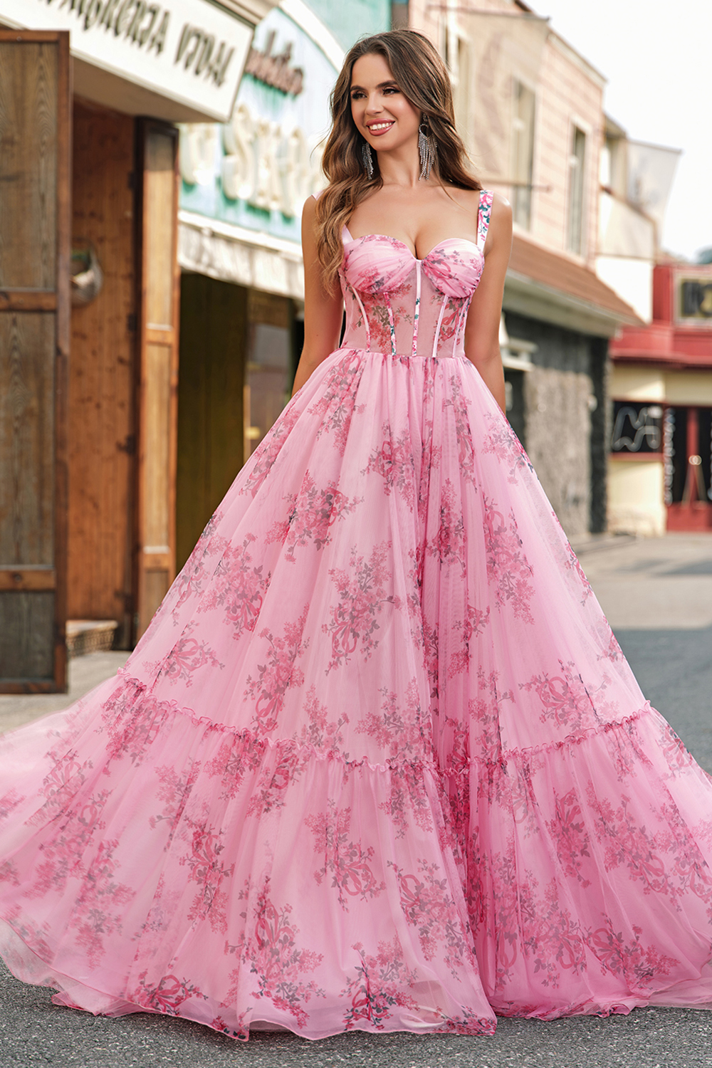 Blush Princess Floral Printed Spaghetti Straps Long Corset Prom Dress