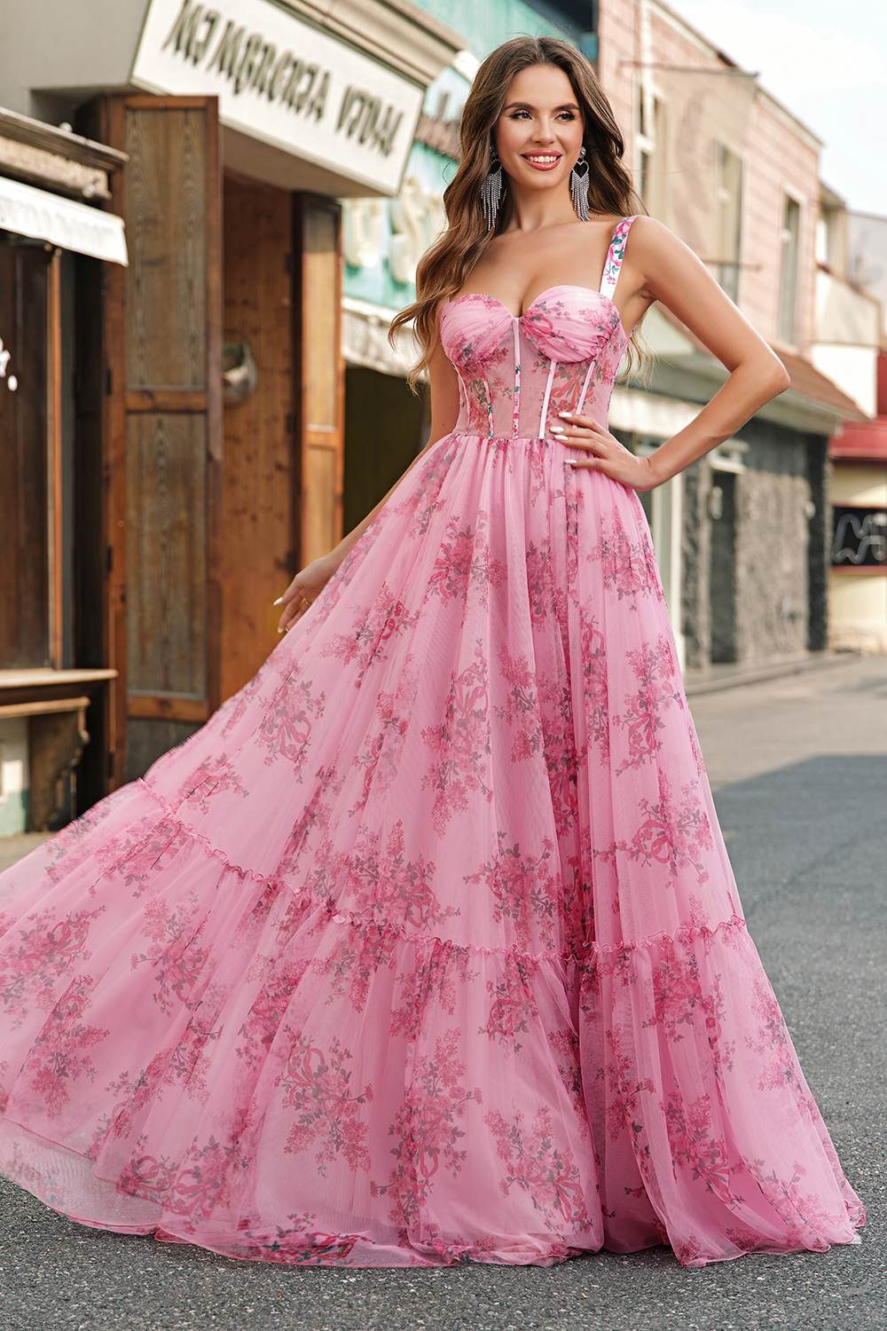 Blush Princess Floral Printed Spaghetti Straps Long Corset Prom Dress