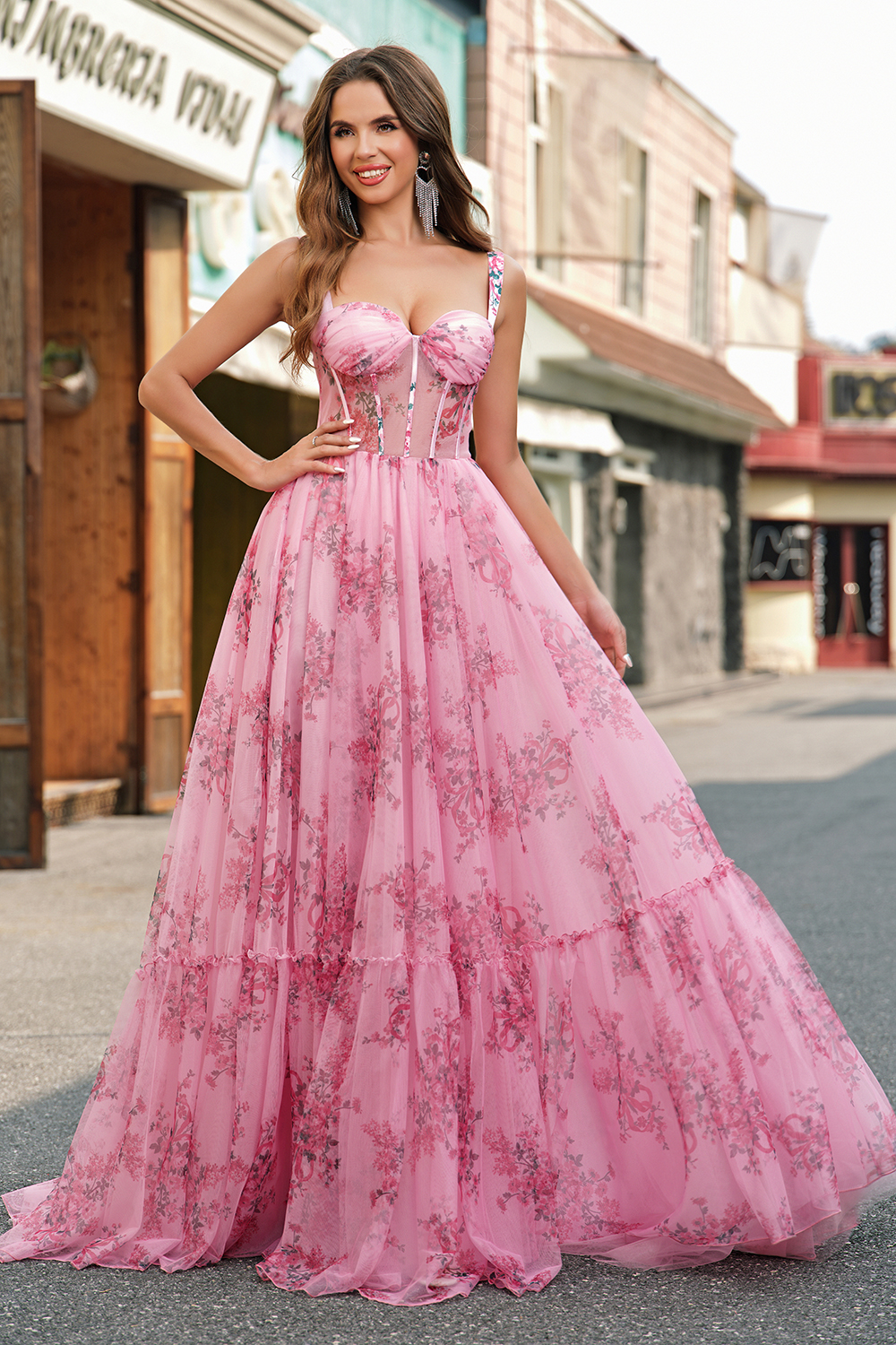 Blush Princess Floral Printed Spaghetti Straps Long Corset Prom Dress