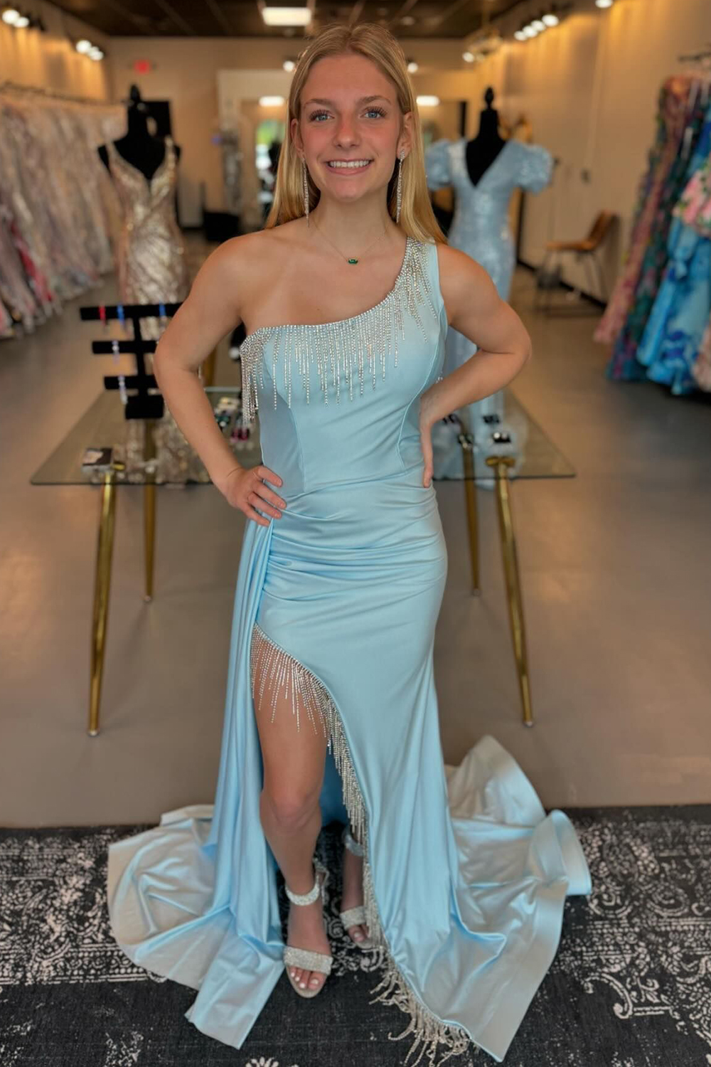 Light Blue One Shoulder Satin Mermaid Long Prom Dress with Fringe