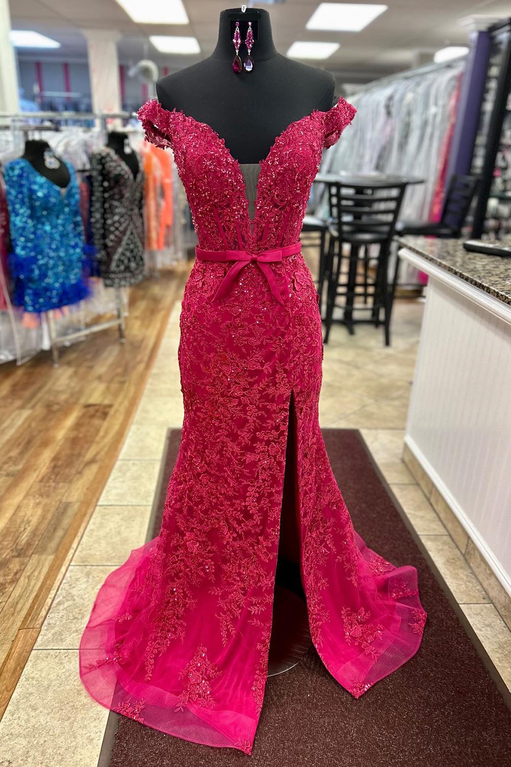 Fuchsia Off the Shoulder Mermaid Long Corset Prom Dress with Appliques