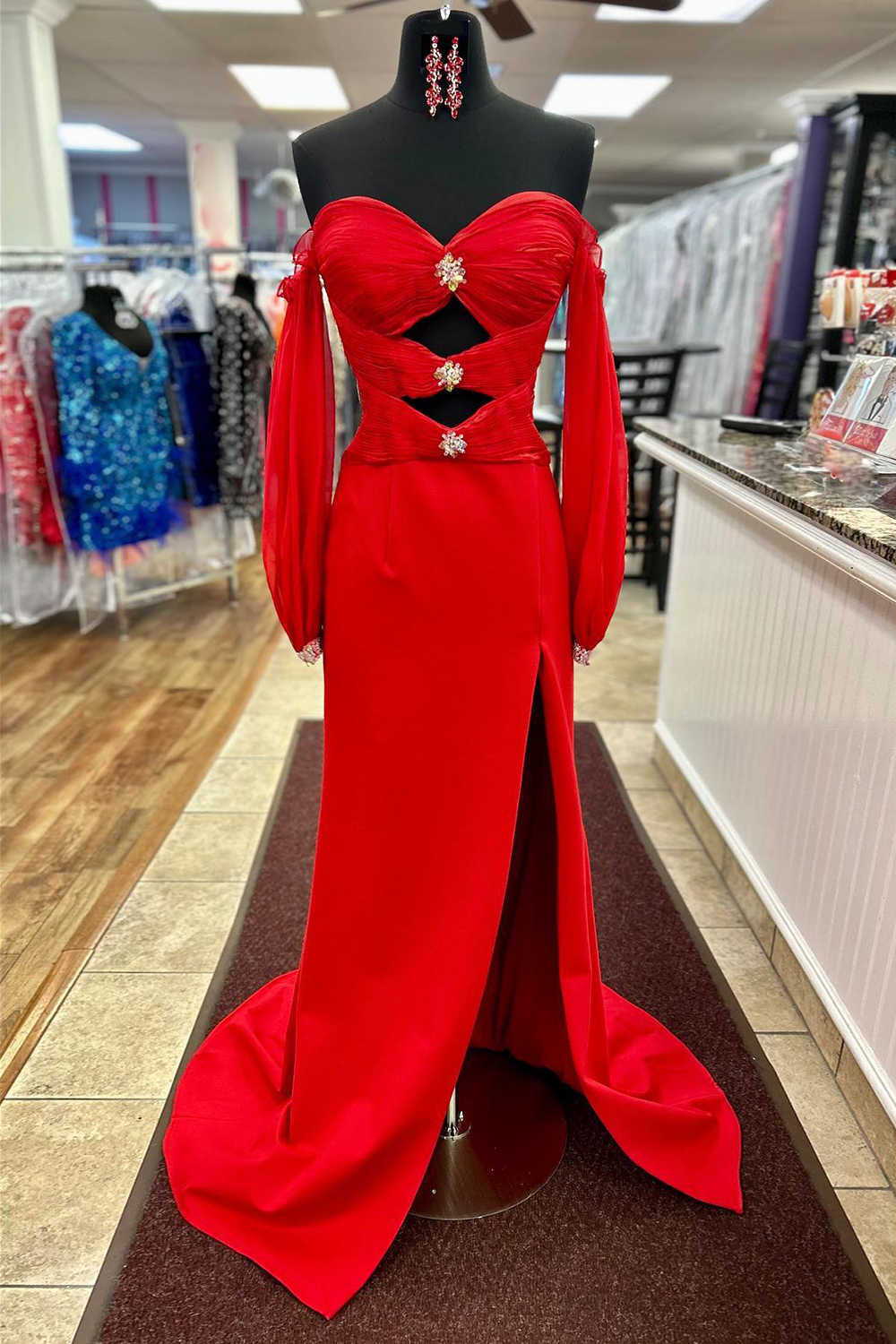 Red Off the Shoulder Long Sleeves Mermaid Long Prom Dress with Slit