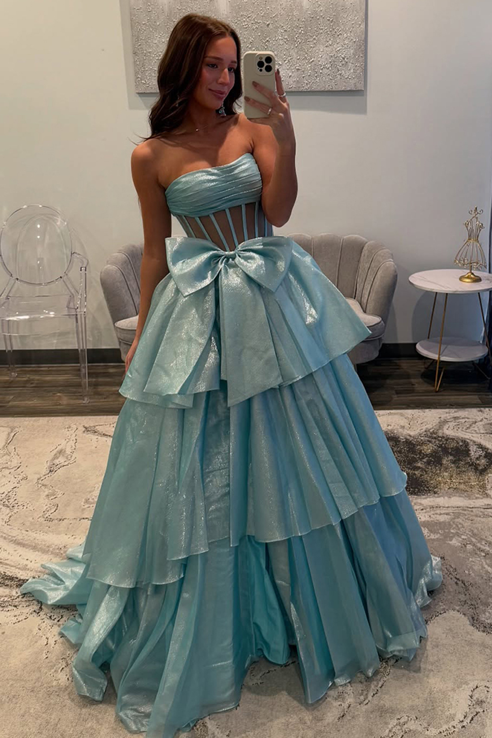 Chic Fuchsia Strapless A-Line Tiered Long Corset Prom Dress with Slit