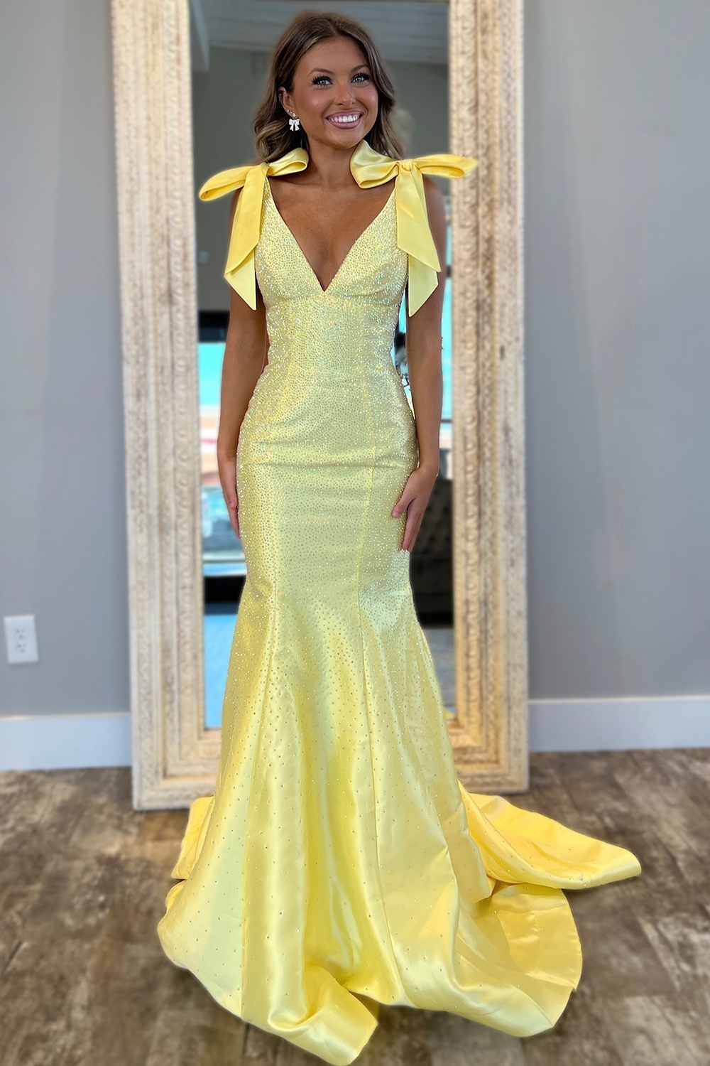 Glitter Yellow Deep V-neck Beaded Mermaid Long Prom Dress with Bows