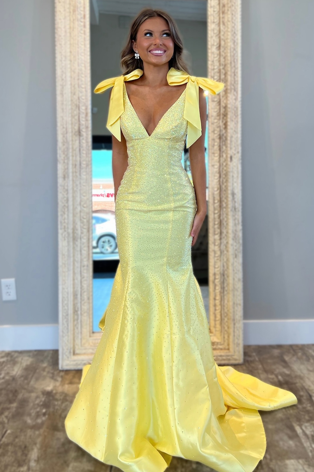 Glitter Yellow Deep V-neck Beaded Mermaid Long Prom Dress with Bows