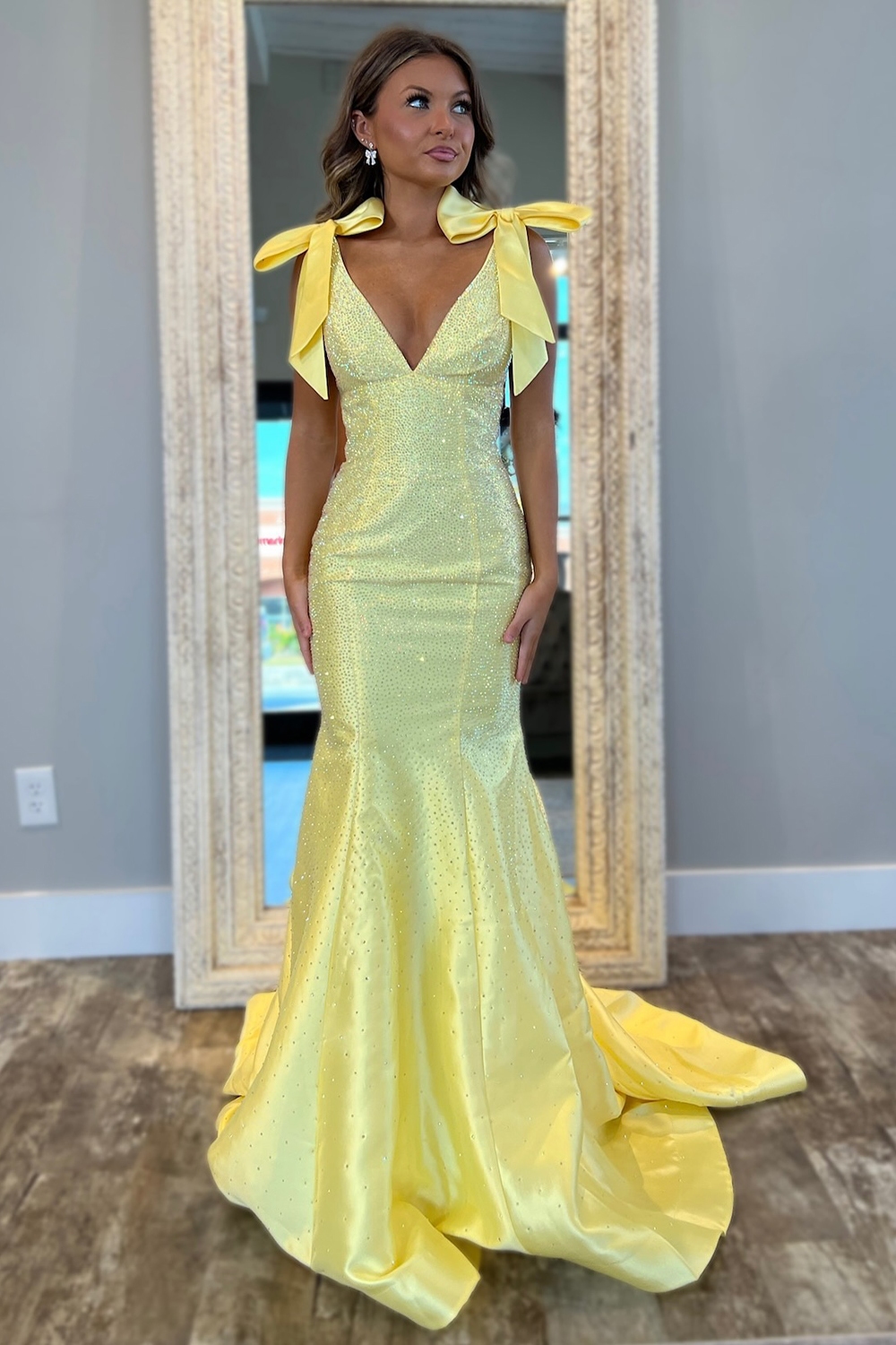 Glitter Yellow Deep V-neck Beaded Mermaid Long Prom Dress with Bows