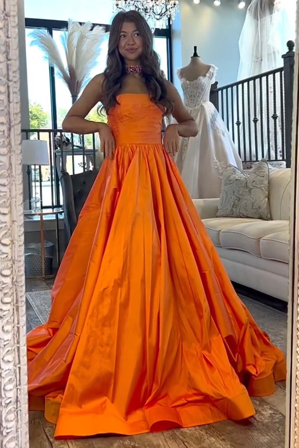 Trendy Orange Strapless Satin A-Line Long Prom Dress