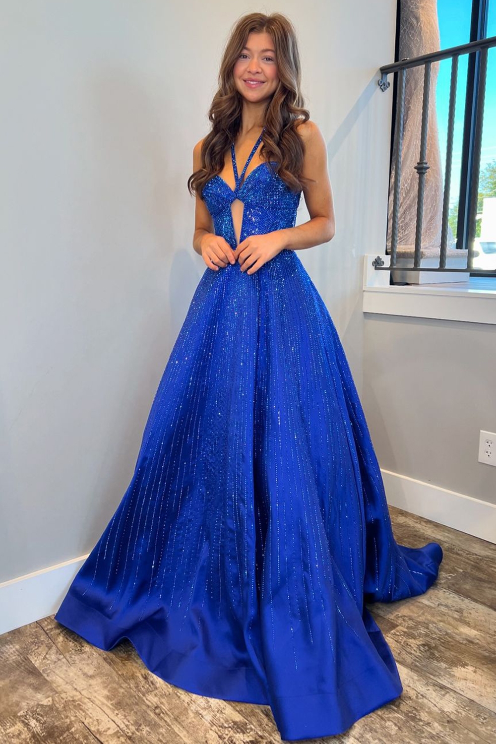 Glitter Royal Blue Halter Neck Beaded A-Line Long Corset Prom Dress