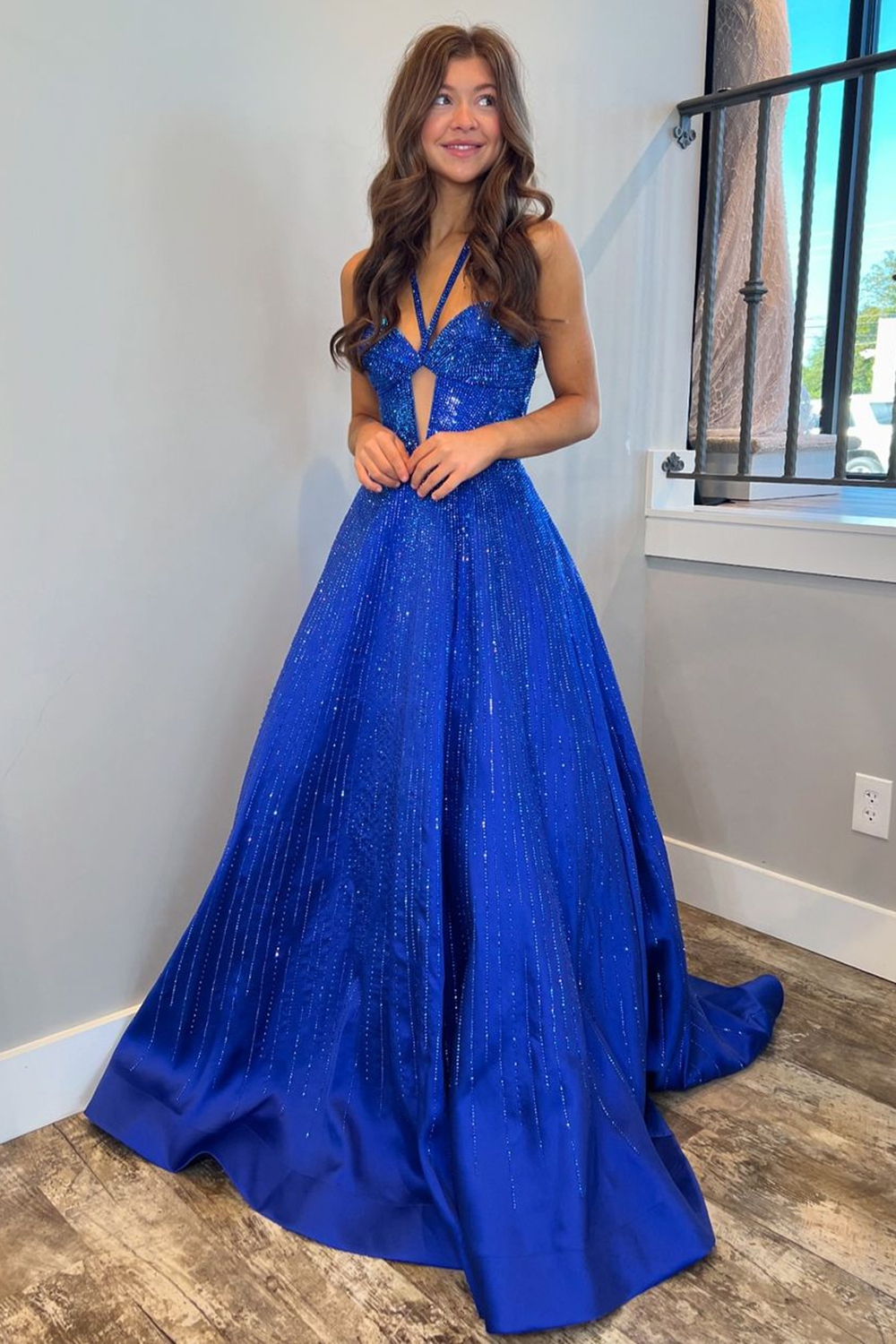 Glitter Royal Blue Halter Neck Beaded A-Line Long Corset Prom Dress