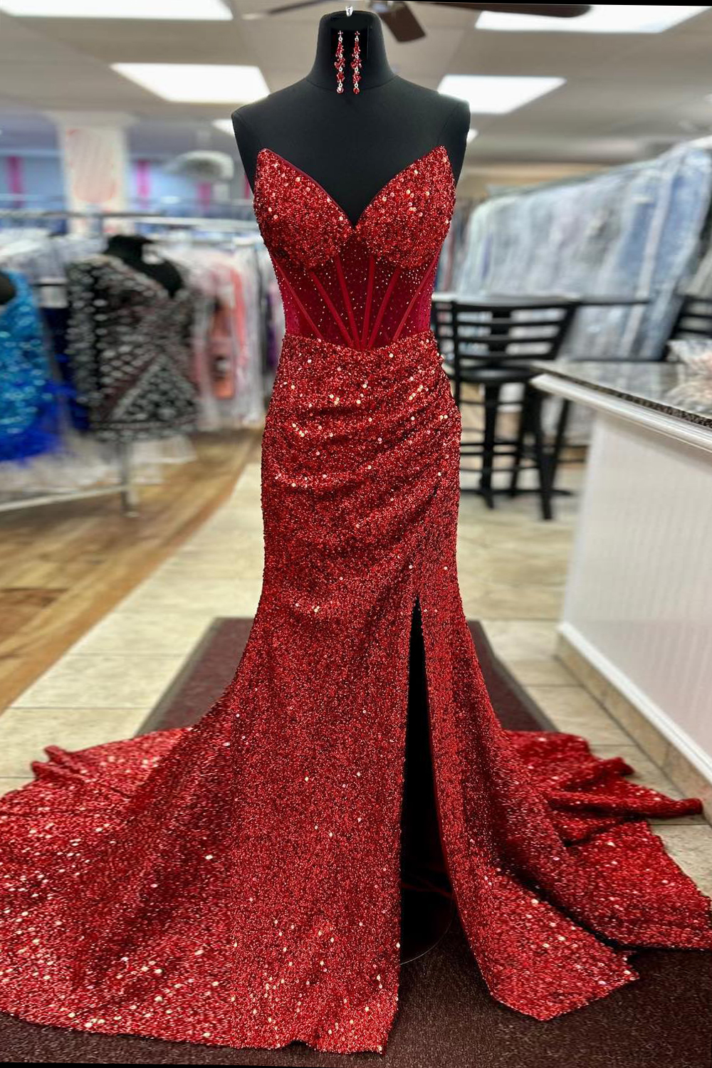 Sparkly Red Sweetheart Sequins Mermaid Long Corset Prom Dress with Slit
