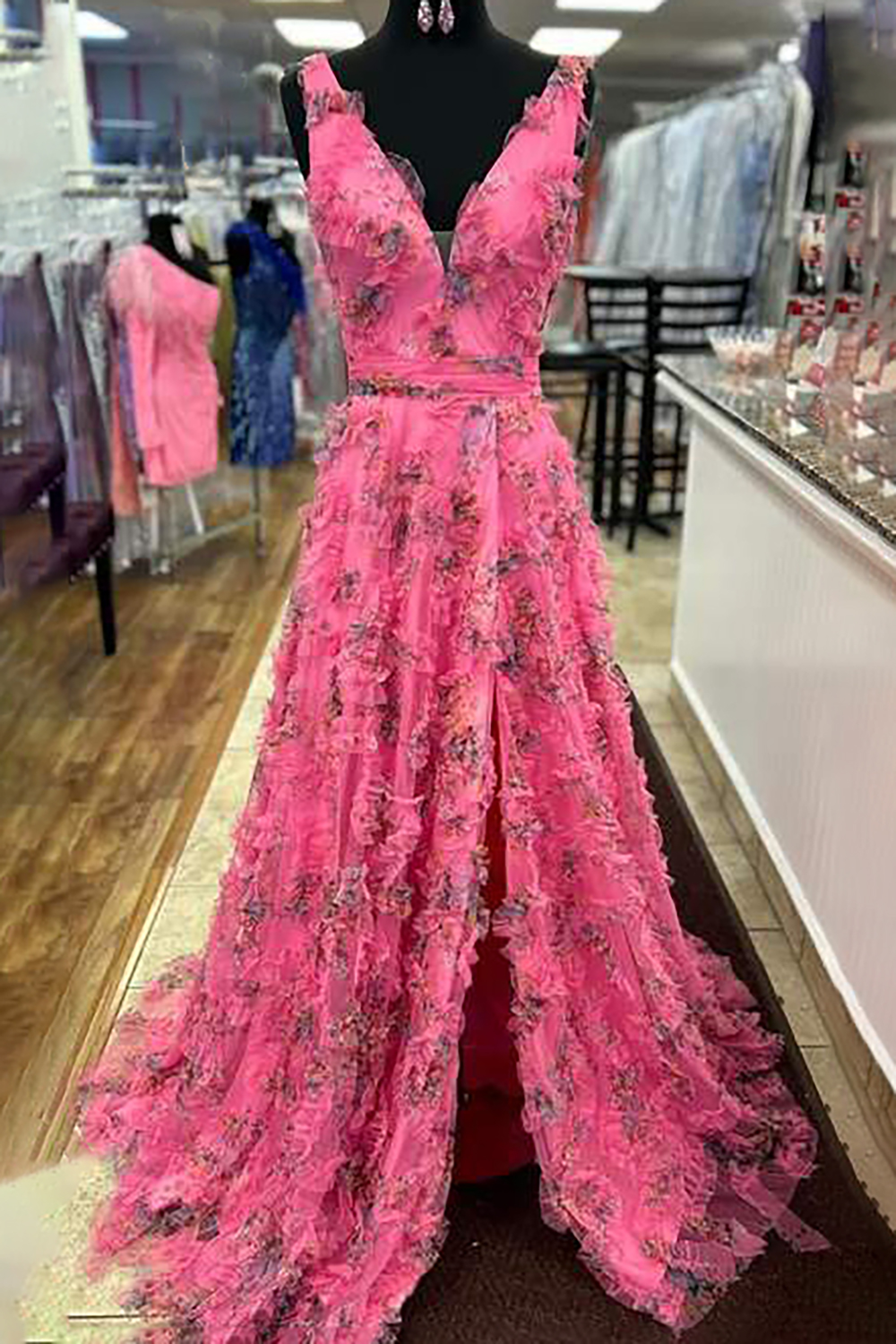 Pink Floral Tulle V-neck A-Line Long Prom Dress with Slit