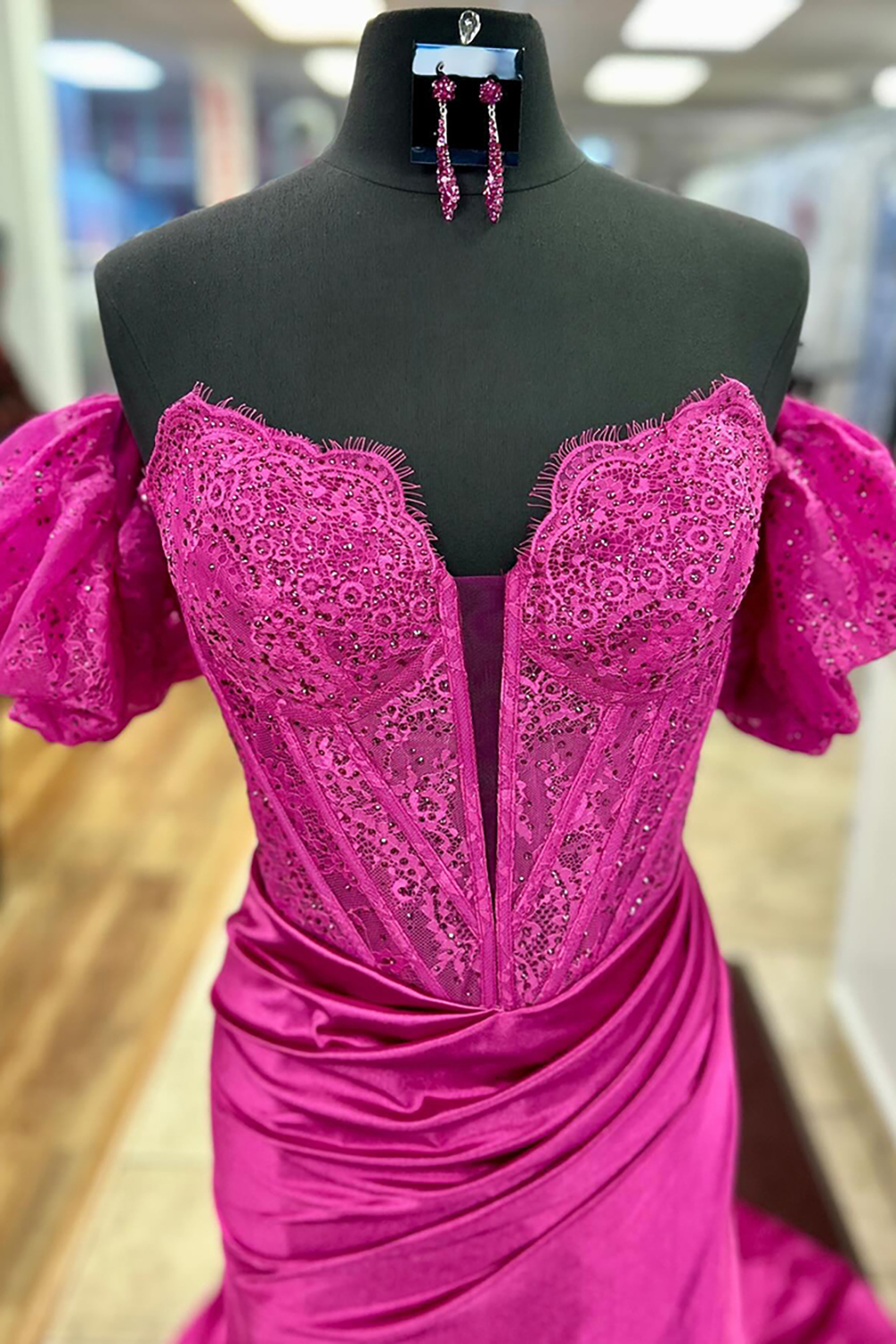 Fuchsia Off the Shoulder Satin Mermaid Long Corset Prom Dress with Slit