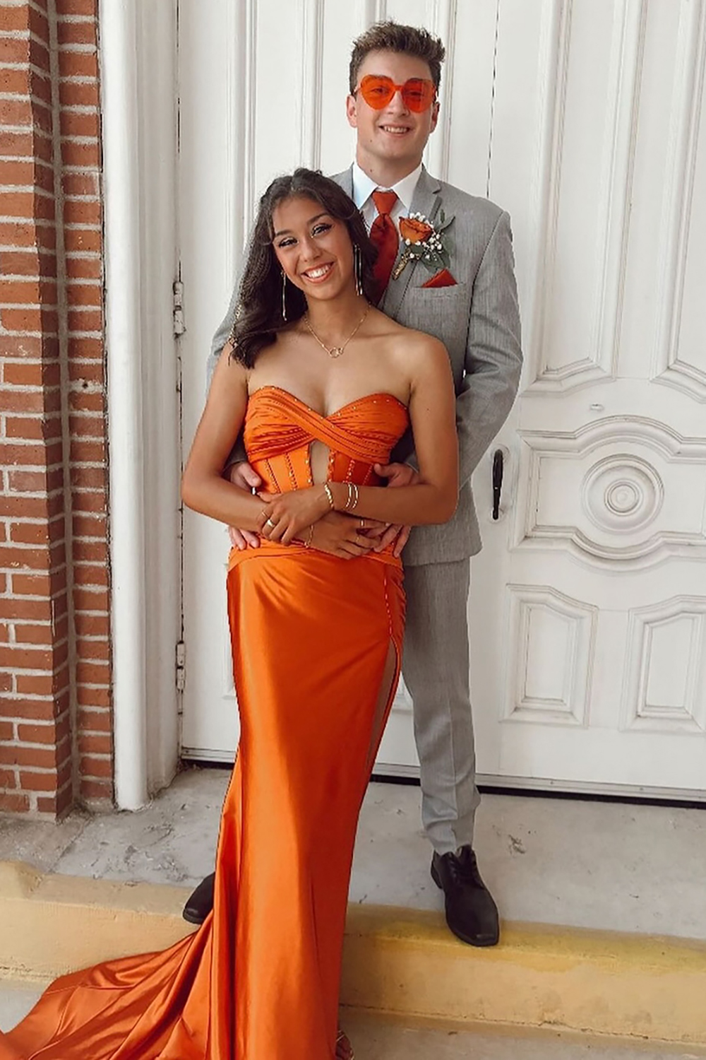 Orange Sweetheart Satin Ruched Mermaid Long Prom Dress with Beading
