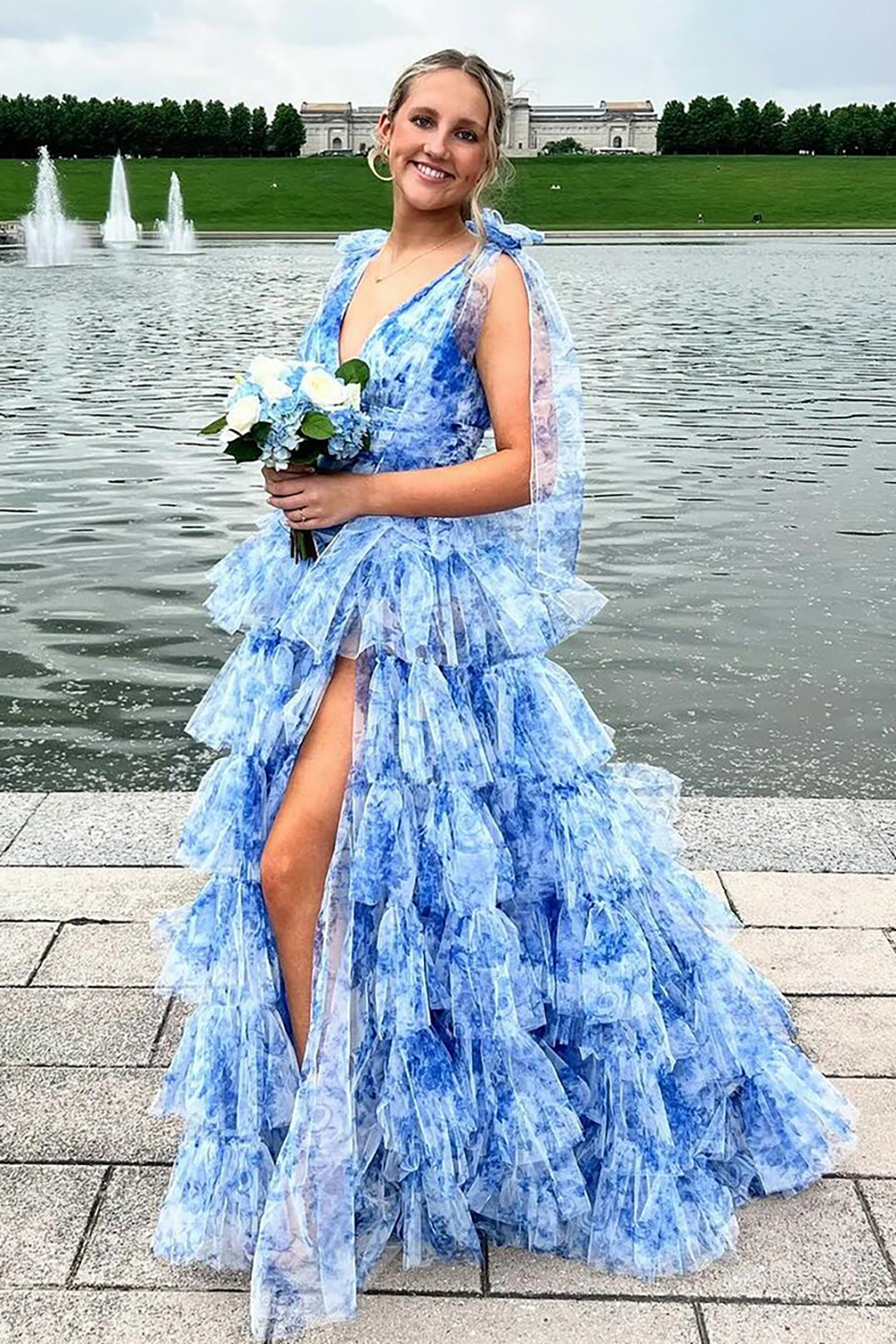 Blue Floral Printed Prom Dress V-neck Princess Sweet 16 Dress Ruffled Long Gala Dress with Slit