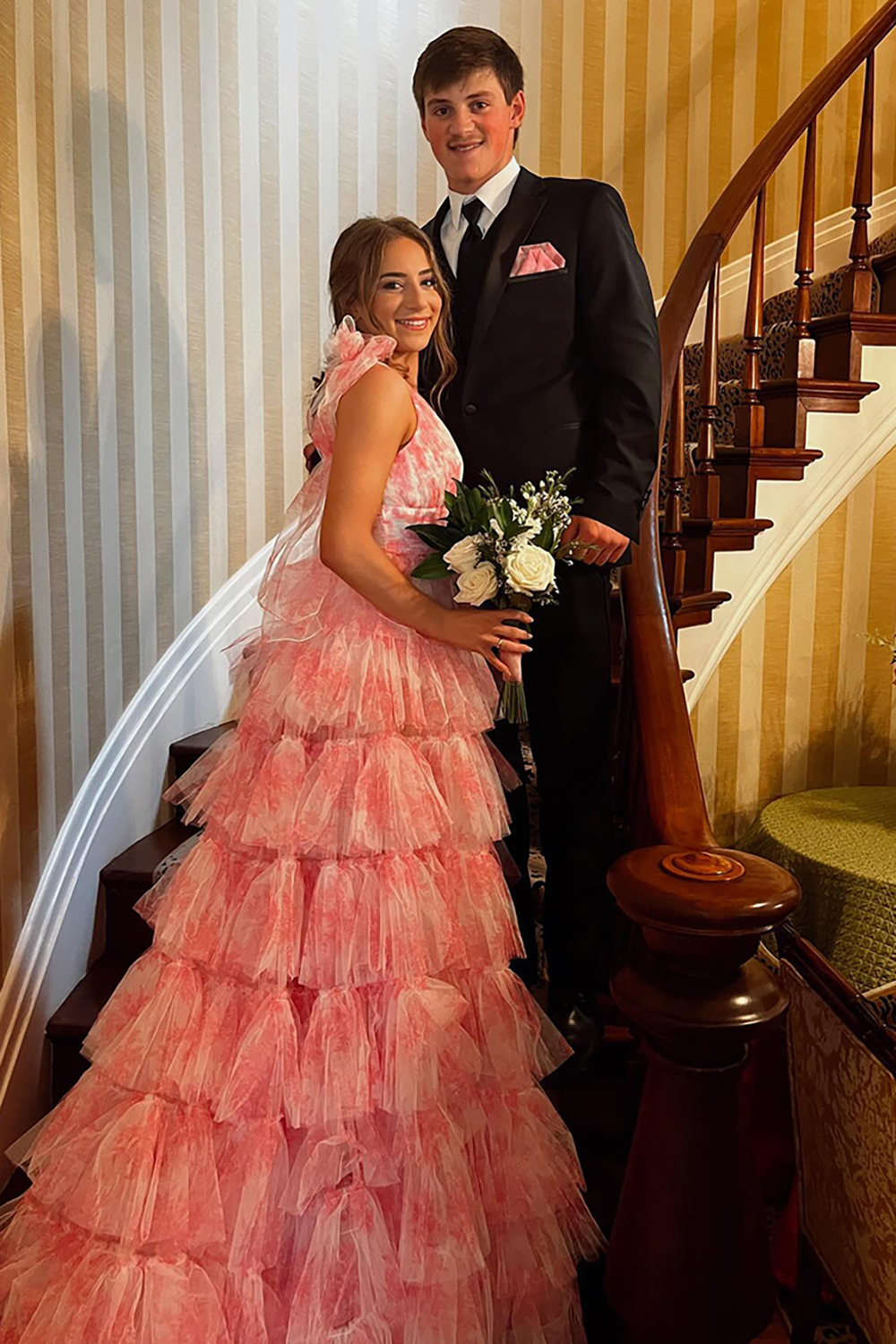 Blue Floral Printed V-neck A-Line Tiered Long Prom Dress with Slit