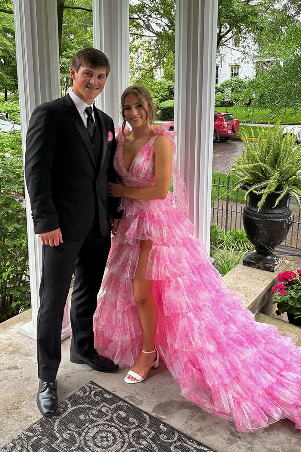 Blue Floral Printed V-neck A-Line Tiered Long Prom Dress with Slit