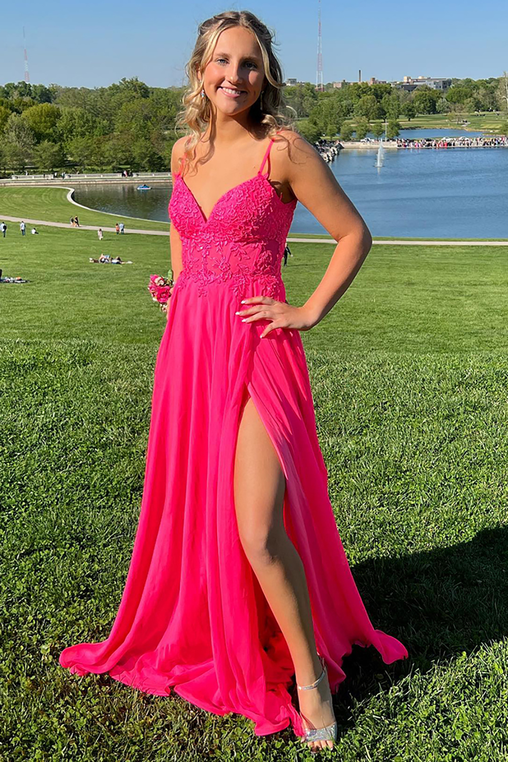 Fuchsia Spaghetti Straps A-Line Chiffon Long Corset Prom Dress with Appliques
