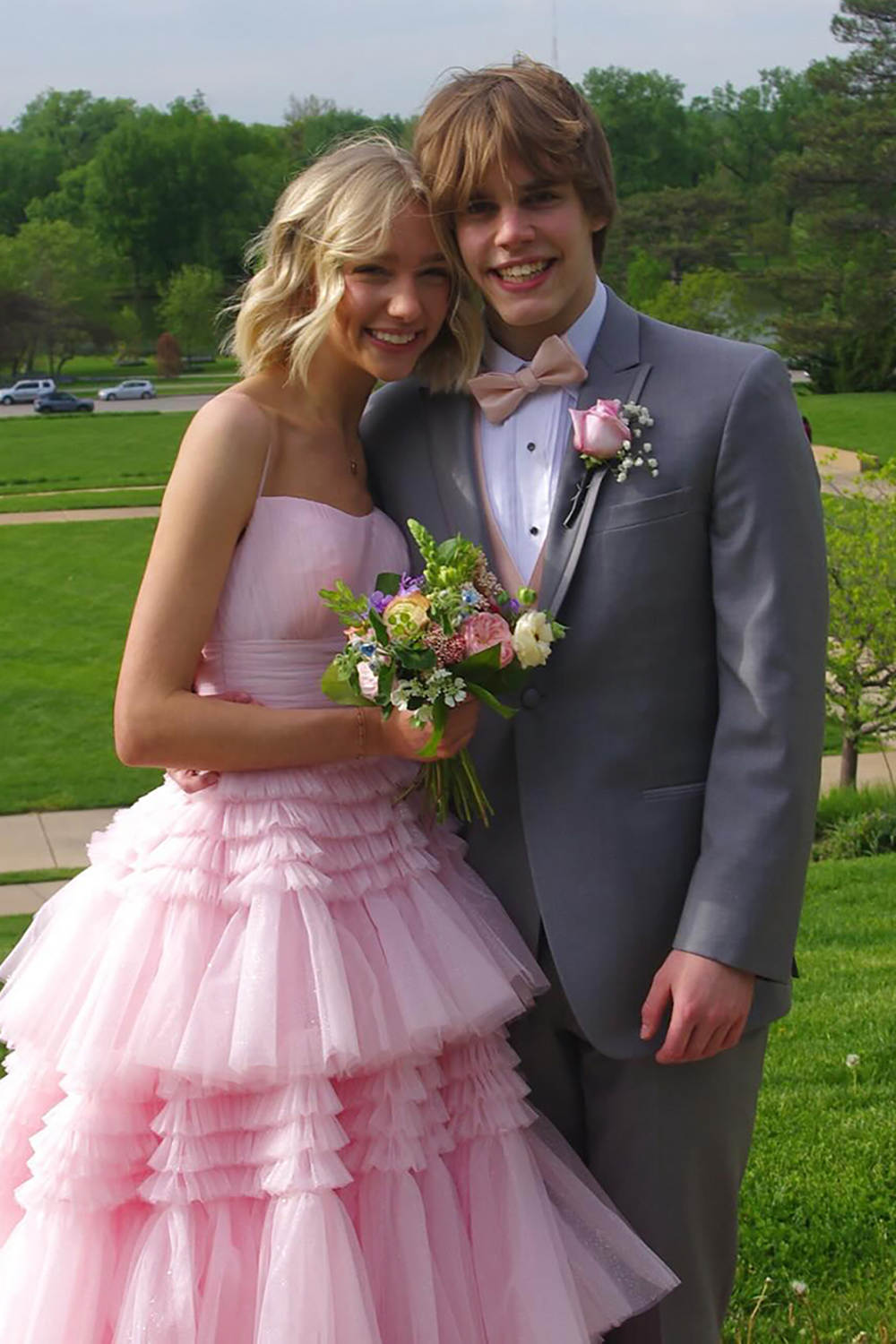 Pink Spaghetti Straps Tulle A-Line Tiered Long Prom Dress
