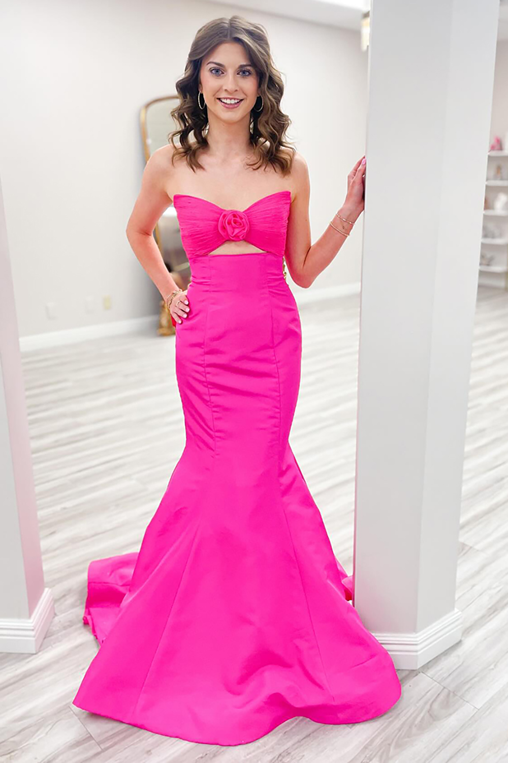 Fuchsia Sweetheart Mermaid Satin Cut-out Long Prom Dress 