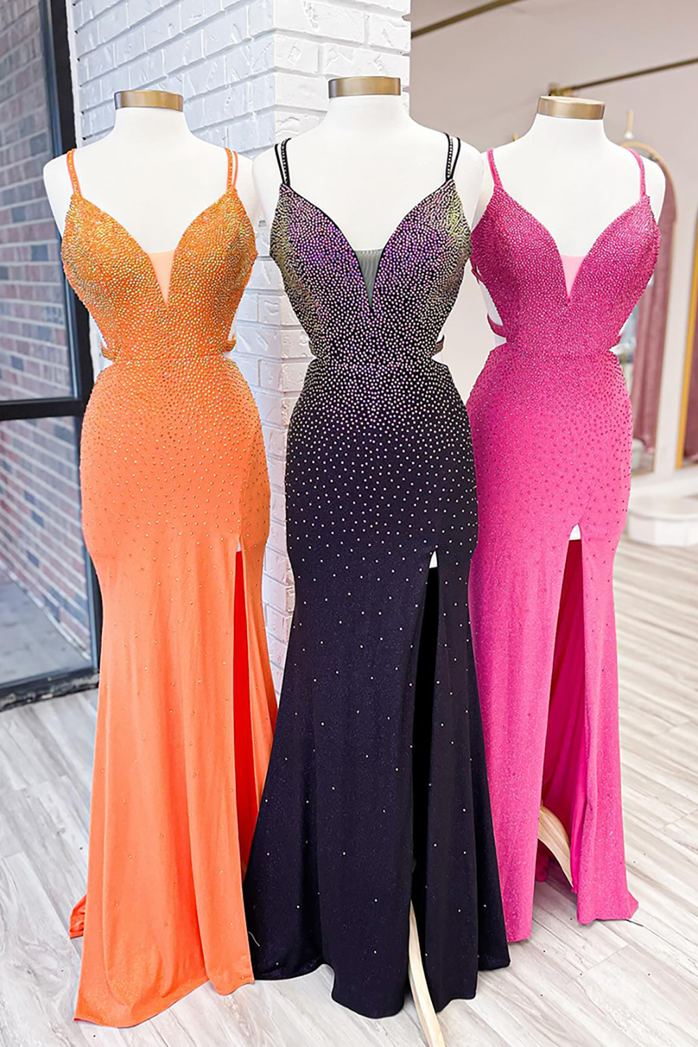 Glitter Black Spaghetti Straps Mermaid Beaded Long Prom Dress with Slit