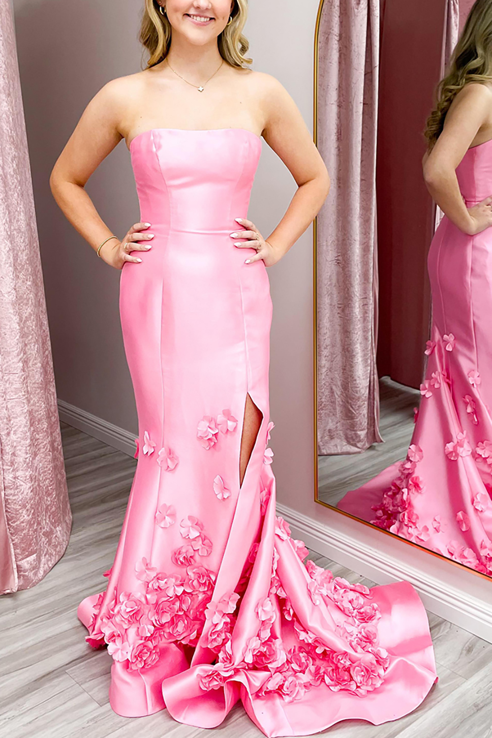 Pink Strapless Mermaid Satin Long Prom Dress with 3D Flowers