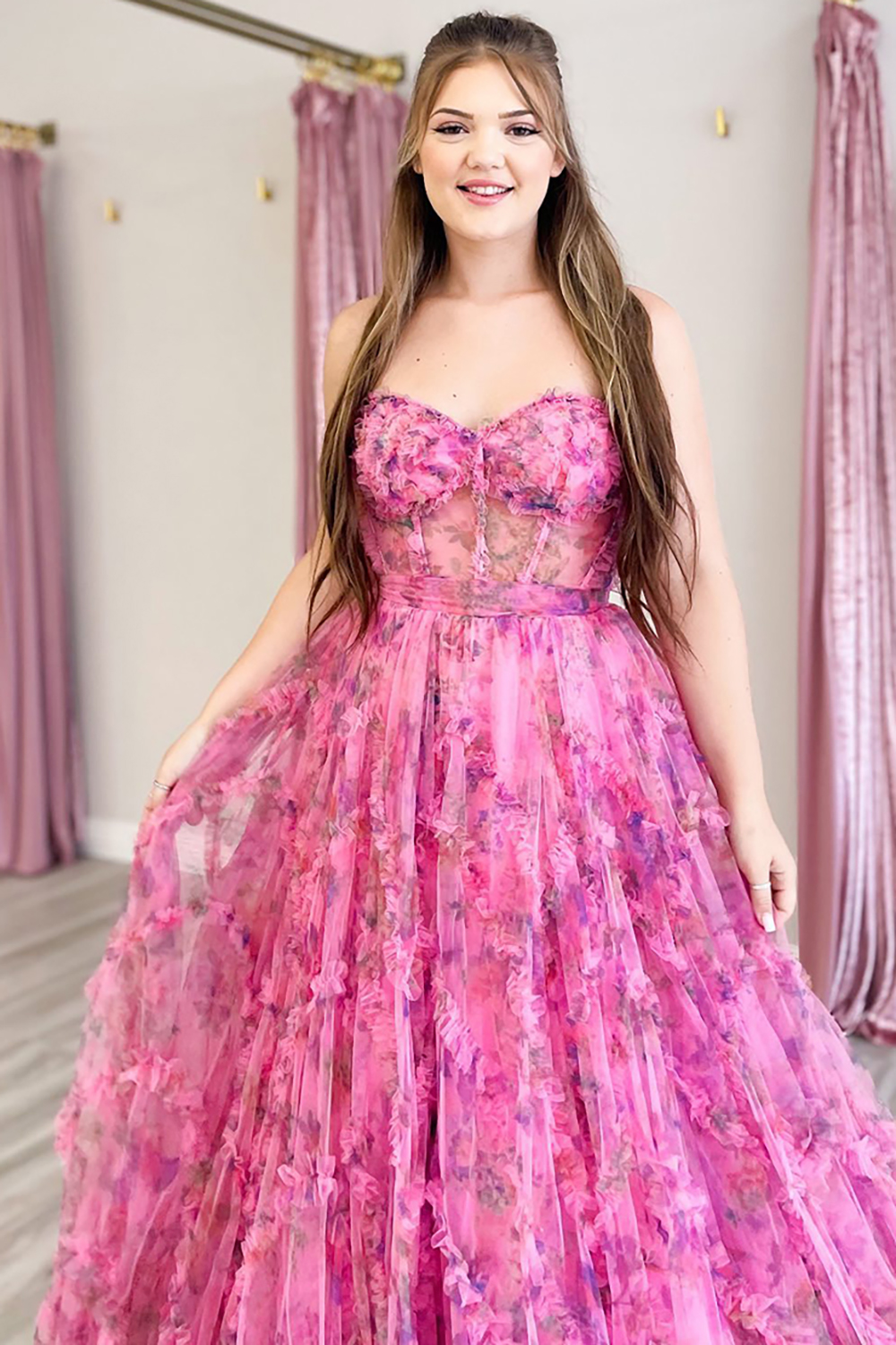 Palmer | Pink Floral Print Corset A-Line Long Prom Dress with Bow Tie Straps