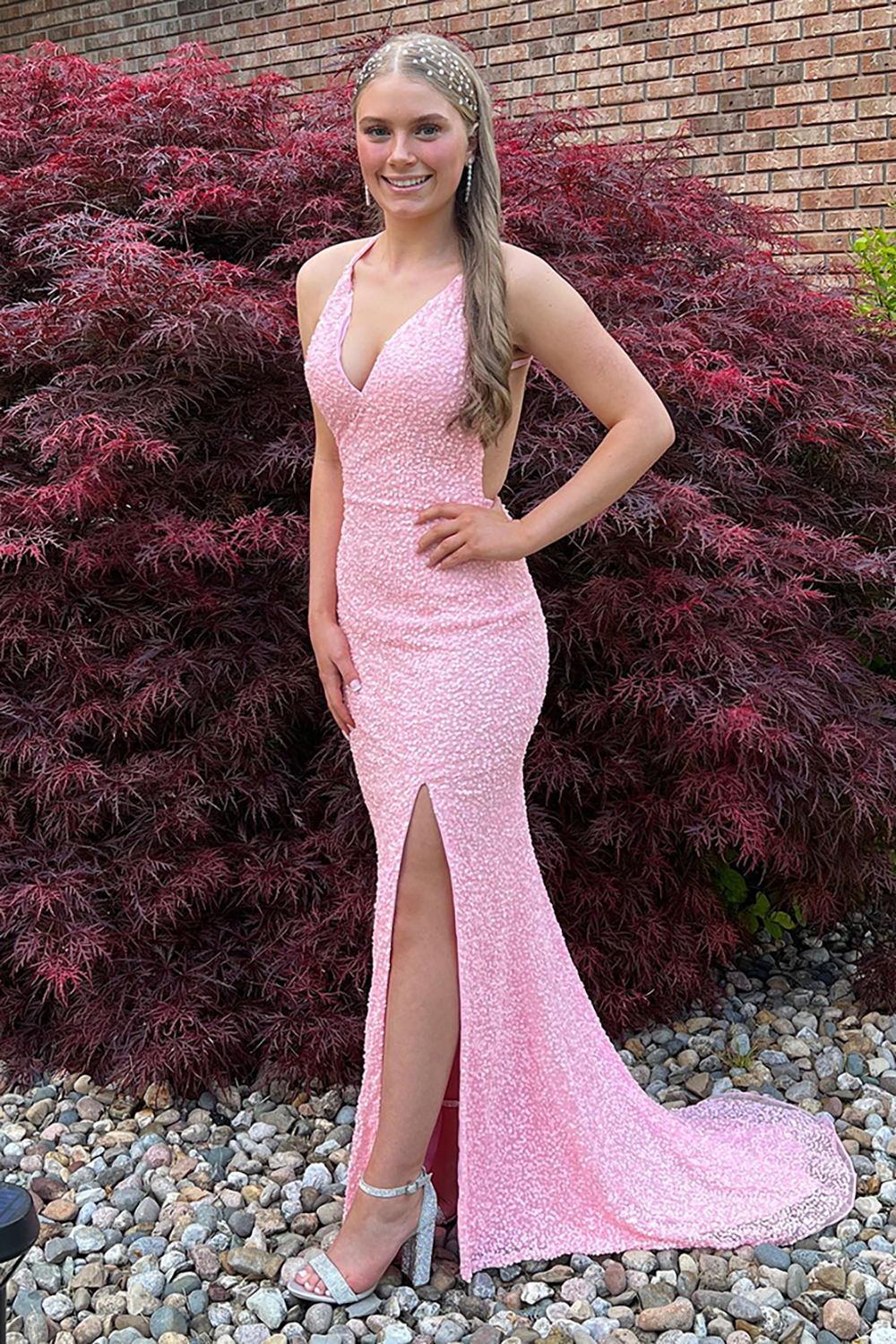 Pink Spaghetti Straps Mermaid Sequins Open Back Long Prom Dress with Slit