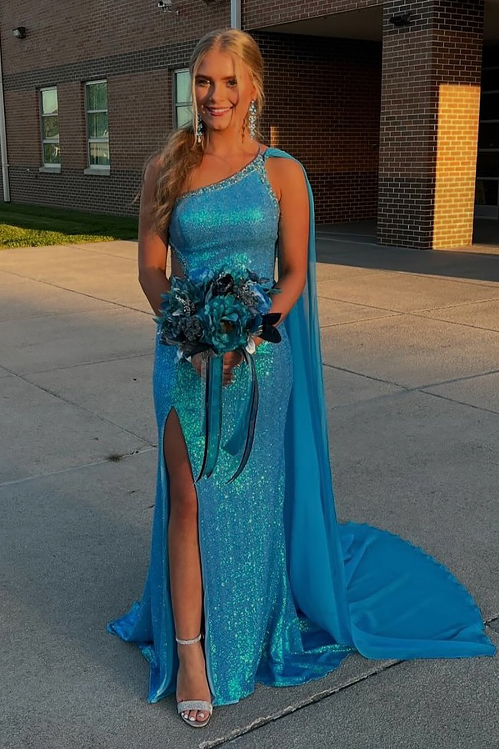 Sparkly Blue One Shoulder Caped Mermaid Sequins Long Prom Dress with Slit