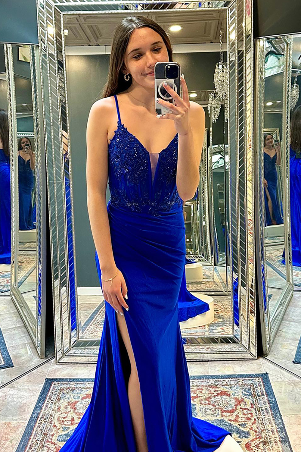 Royal Blue Mermaid Spaghetti Straps Corset Long Prom Dress with Appliques
