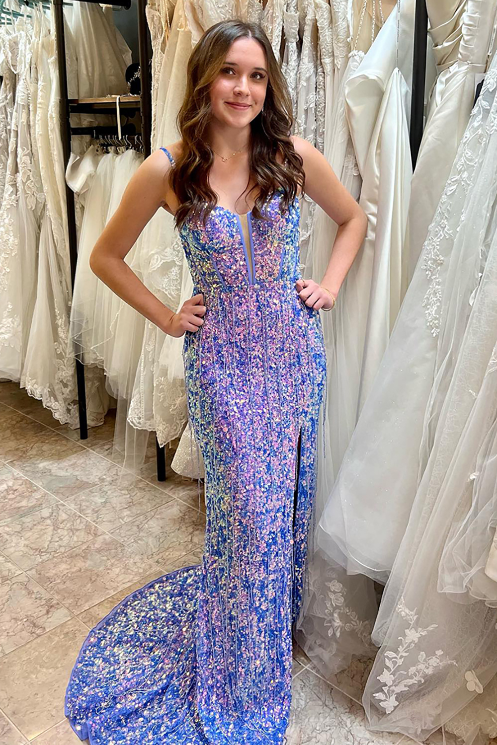 Sparkly Blue Mermaid Sequins Spaghetti Straps Corset Long Prom Dress