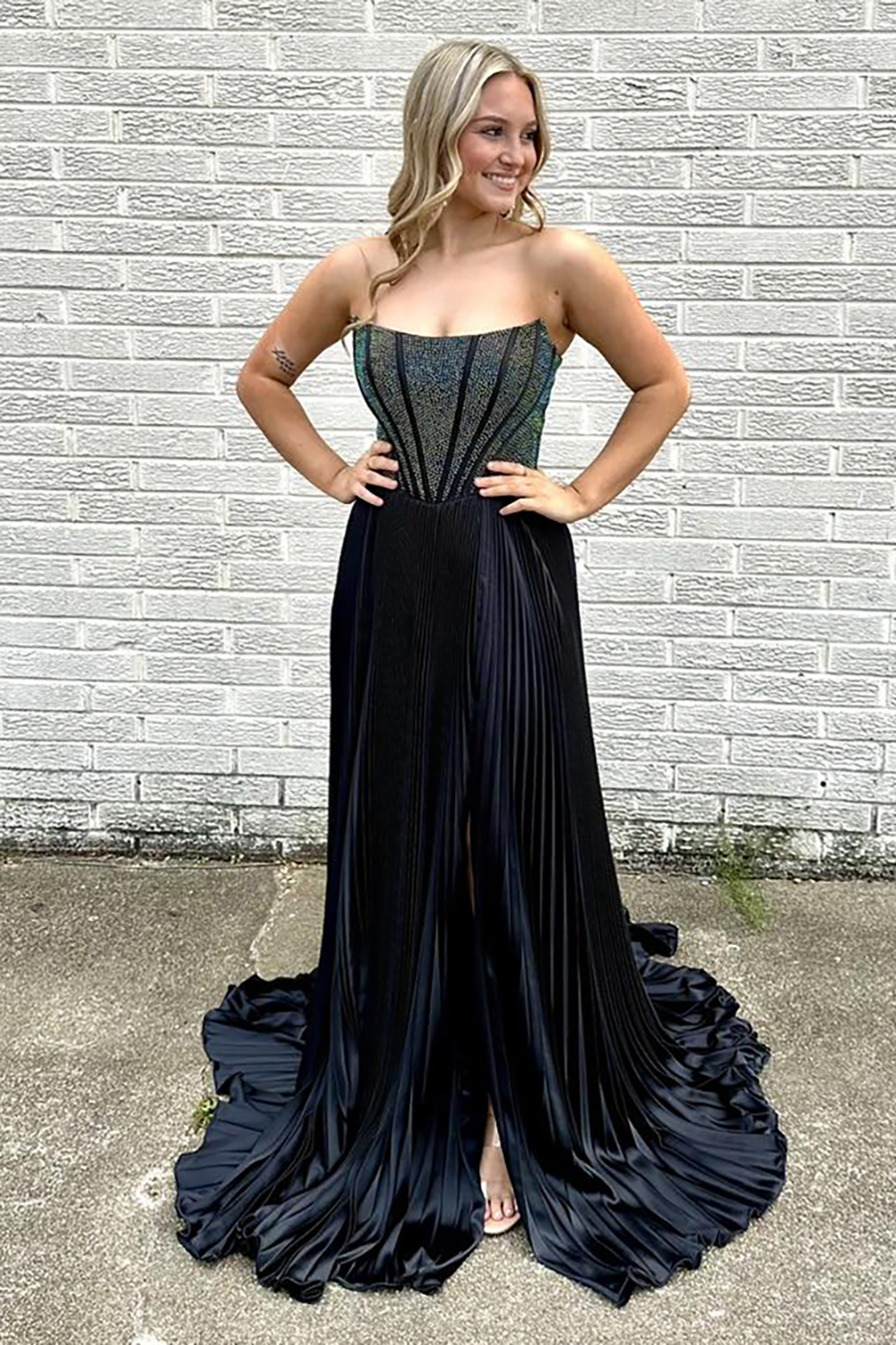 Chic Black Strapless Corset A Line Long Prom Dress with Beadings