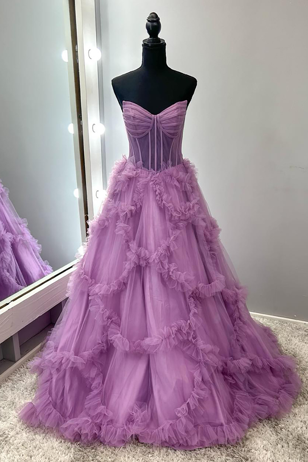 [Copy]Lavender Sequins Tiered A Line One Shoulder Long Corset Prom Dress