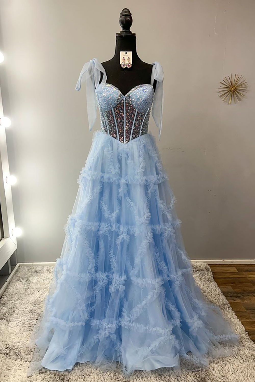 Princess Light Blue Tulle Sequins Spaghetti Straps Long Corset Prom Dress