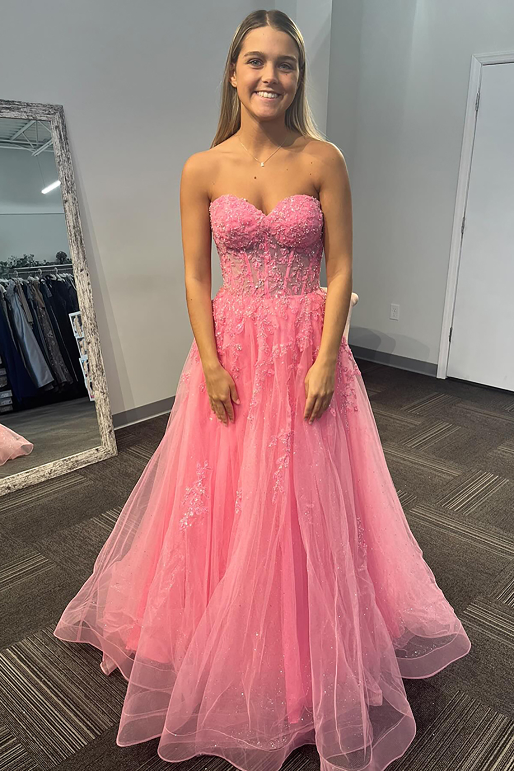 Pink Tulle Applique A Line Sweetheart Long Prom Dress
