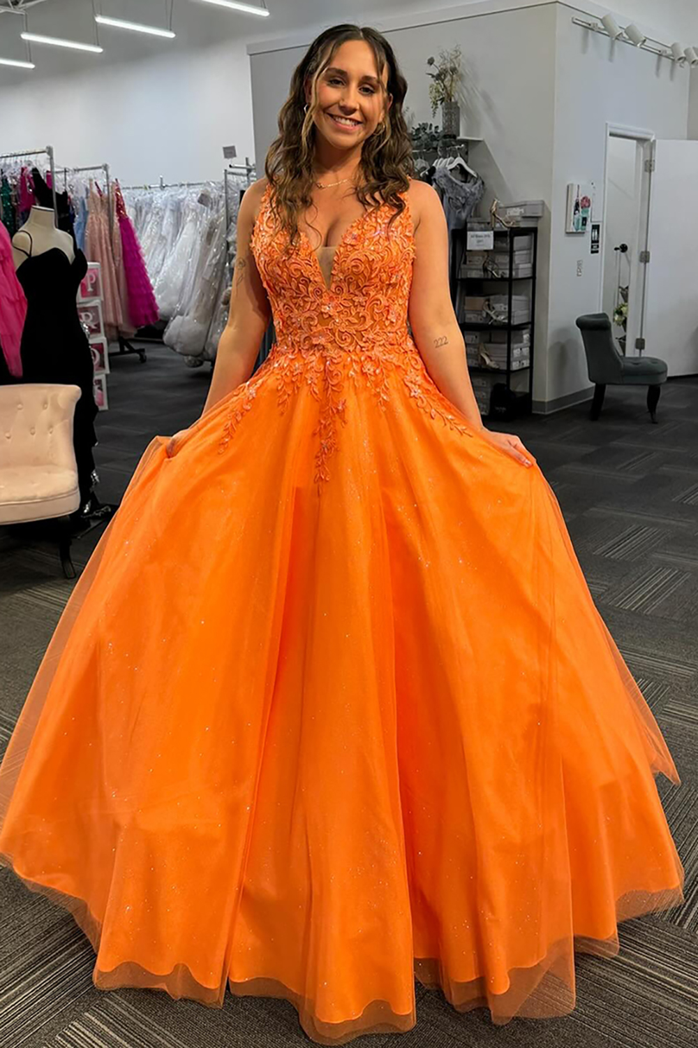 Sparkly Orange Tulle V Neck Applique A Line Long Prom Dress
