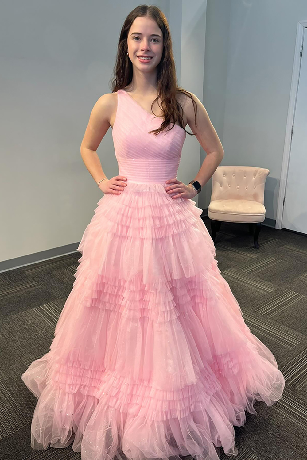 Princess Light Pink Tulle One Shoulder Tiered A Line Long Prom Dress