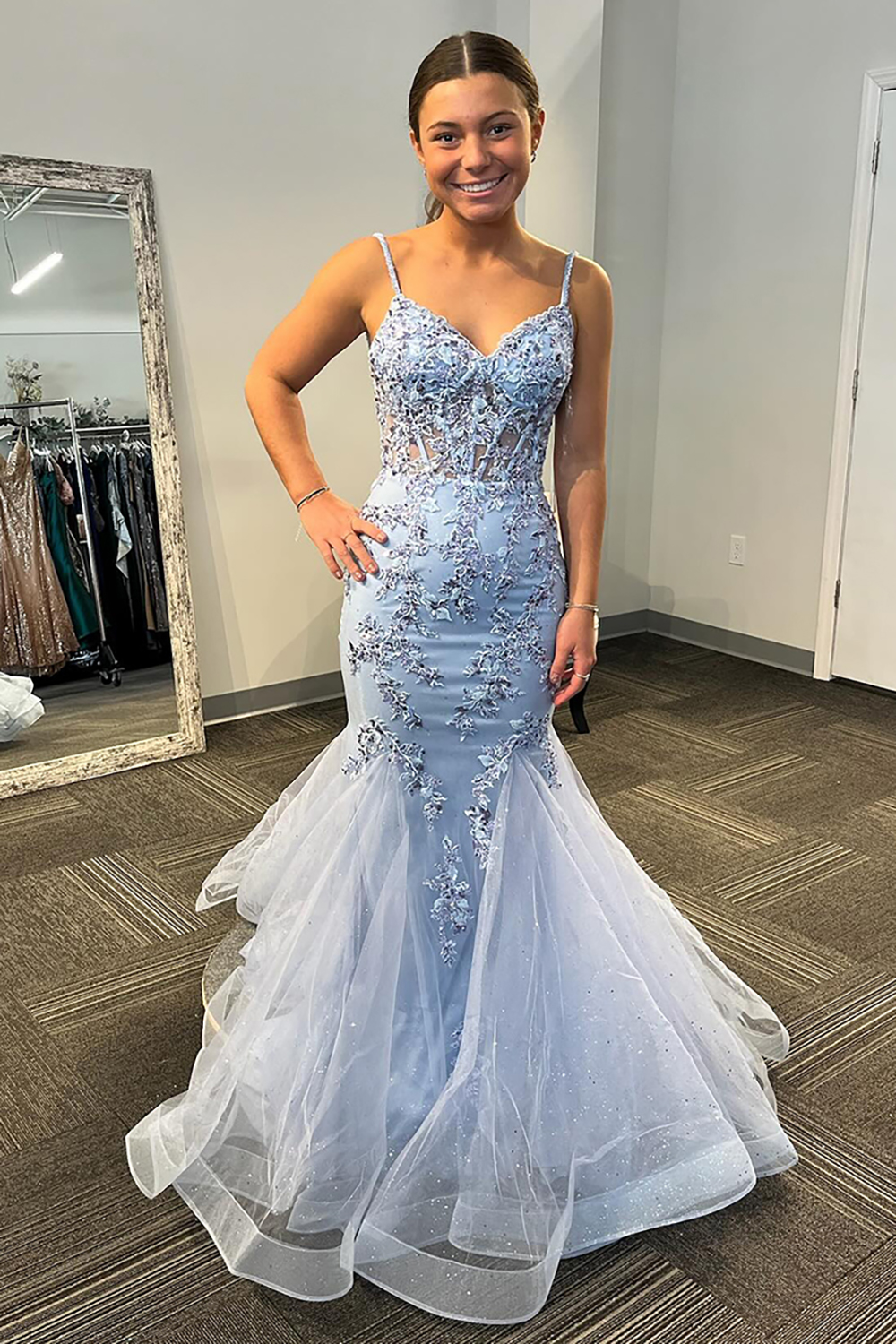 Light Blue Tulle Mermaid Sequins Applique Spaghetti Straps Long Corset Prom Dress