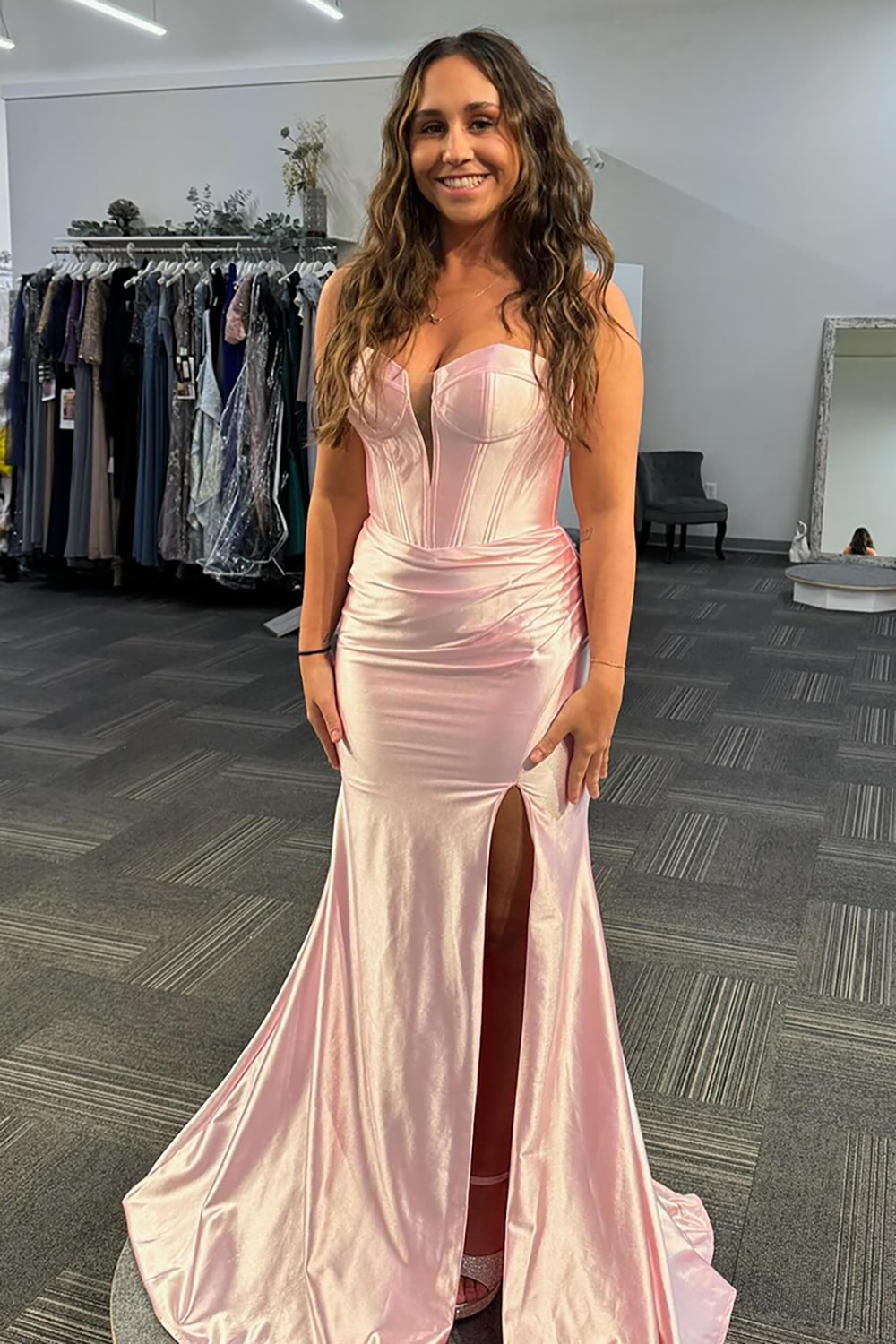 Light Pink Satin Mermaid Sweetheart Long Corset Prom Dress with Slit