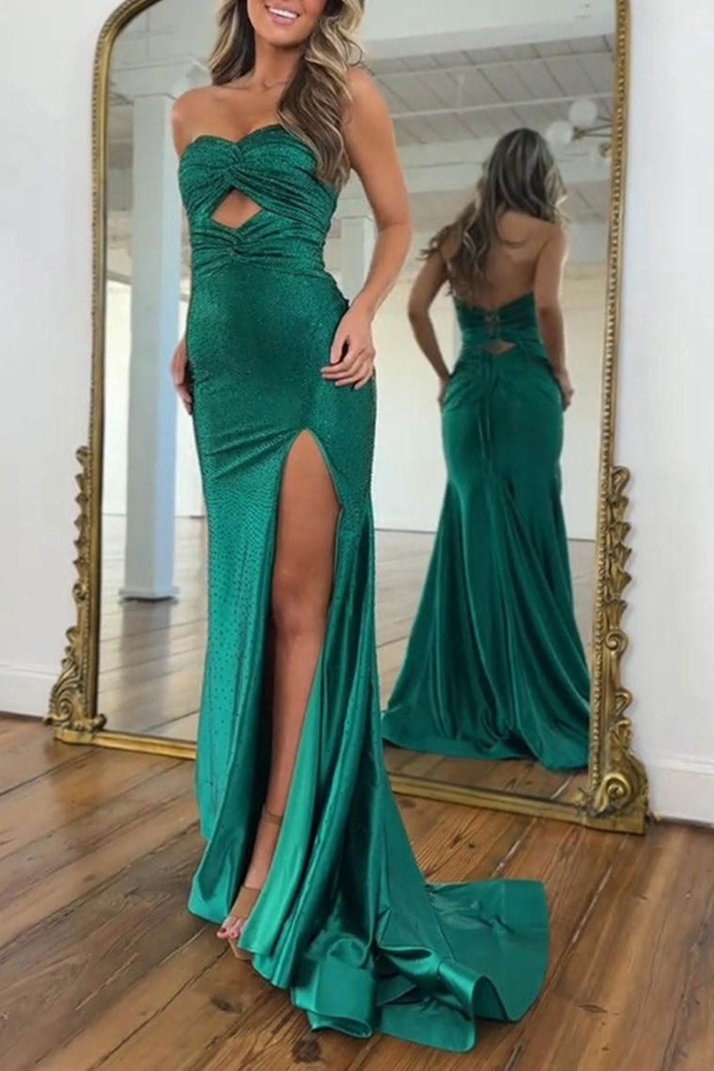 Sparkly Dark Green Strapless Beaded Keyhole Long Prom Dress with Slit