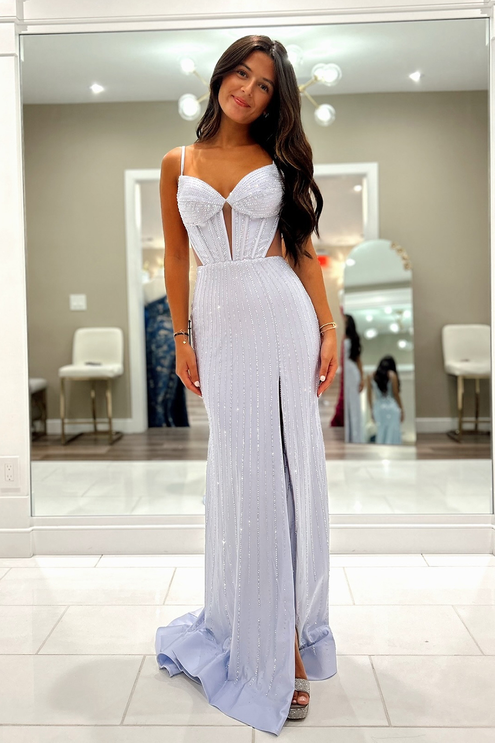 Glitter Lilac Spaghetti Straps Mermaid Beaded Cut-out Long Corset Prom Dress with Slit